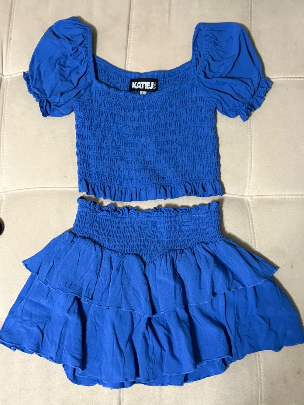 Katie J NYC Royal Blue Smocked Puff-Sleeve Two-Piece Set